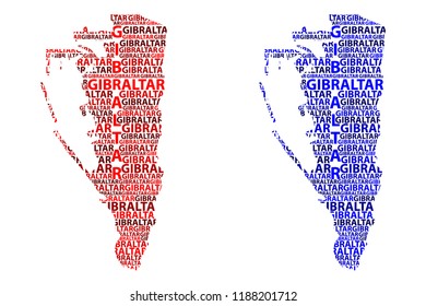 Sketch Gibraltar letter text map, Rock of Gibraltar - in the shape of the continent, Map Gibraltar (British Overseas Territory) - red and blue vector illustration