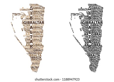 Sketch Gibraltar letter text map, Rock of Gibraltar - in the shape of the continent, Map Gibraltar (British Overseas Territory) - black and brown vector illustration