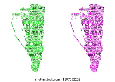 Sketch Gibraltar letter text map, Rock of Gibraltar - in the shape of the continent, Map Gibraltar (British Overseas Territory) - green and purple vector illustration
