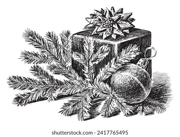 Sketch of gift box with bow, christmas tree branch,decoration ball, vector hand drawing isolated on white