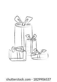 Esbozar caja de regalo con cinta de acero, arco. Para Feliz Navidad y Feliz Año Nuevo cartel o tarjeta de felicitación. Ilustración de grabado negro vectorial aislada en fondo blanco. Elemento de diseño dibujado a mano