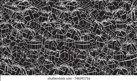 Sketch Gift Boxes, Bows And Ribbons On Black Background Design Vector Illustration