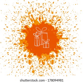 Sketch of gift boxes and bright orange splashes on white background. Vector illustration.