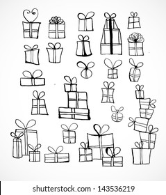Sketch gift boxes collection  Hand  drawn and ink  Vector illustration 