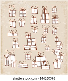 Sketch gift boxes collection. Hand-drawn with ink in vintage style. Vector illustration.