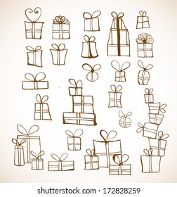 Sketch gift boxes collection. Hand-drawn with ink. Vector illustration. 