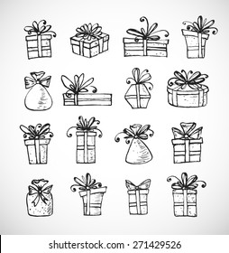 Sketch gift boxes collection. Hand-drawn with ink. Vector illustration.