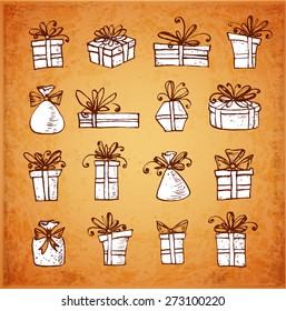 Sketch gift boxes collection. Hand-drawn with ink. Vector illustration.