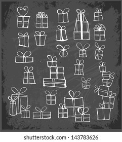 Sketch gift boxes collection on blackboard.. Vector illustration.