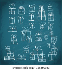 Sketch gift boxes collection on blackboard. Vector illustration. 