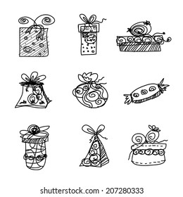 Sketch gift boxes on white background