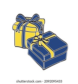 Sketch gift boxes tied with a bow. Vector illustration. Isolated on a white background. Yellow box with blue bow, blue box with yellow bow. Gift