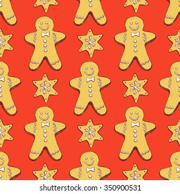 Sketch ginger bread cookies in vintage style, vector seamless pattern