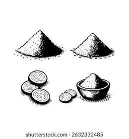 Esboço de gengibre em estilo de desenho de mão. Raiz e pó vetorial