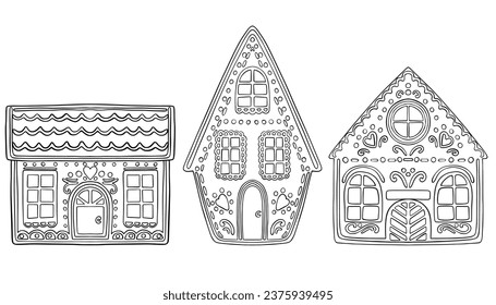 Sketch gingerbread houses outline vector illustration 