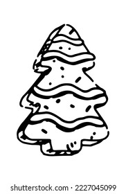Sketch of gingerbread tree cookie. Doodle of Christmas sweet homemade bakery. Hand drawn vector illustration. Single clip art isolated on white.