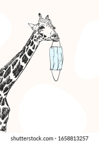 Sketch of giraffe holding medical face mask in mouth, Hand drawn vector. Cute illustration virus protection for children