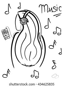 Sketch of a girl. Back. Listening to music. Notes. Vector illustration.