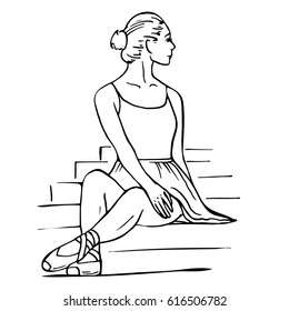  sketch of girl ballerina sitting in a pose. Beautiful black and white hand drawing ballerina on a white background