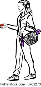 sketch of a girl with a basket and an apple in his hand