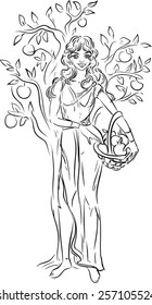 Sketch of girl with basket of apples