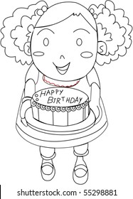 Sketch of A Girl With a Birthday Cake on white background