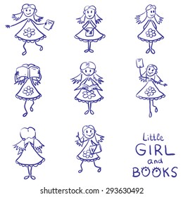 sketch of girl with a book - vector set