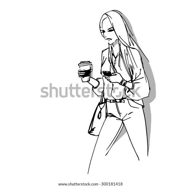 Sketch Girl Coffee Phone Illustration Stock Vector Royalty