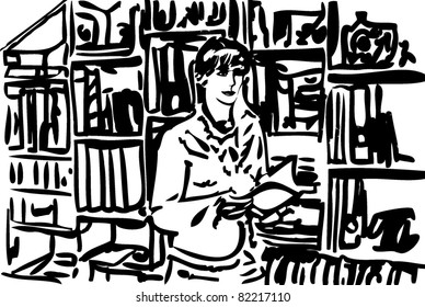 sketch of a girl with documents outside the cabinet with folders