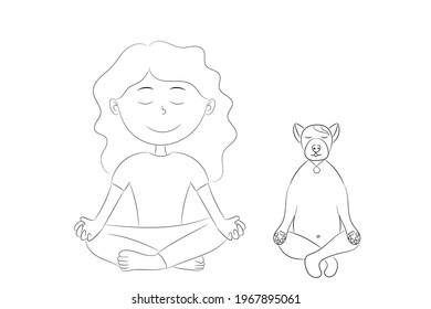 Sketch of a girl and a dog sitting in a lotus position, a girl doing yoga with her dog