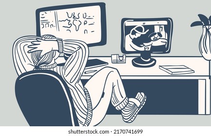 A sketch of a girl doing needlework in her room. Vector illustration