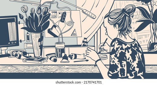 A sketch of a girl doing needlework in her room.