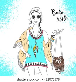 Sketch of girl in dress Boho style with a bag and a cape. Fashion & Style. Vector drawing