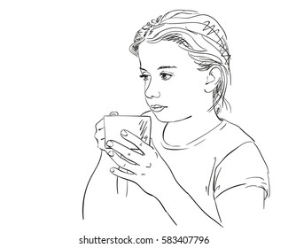 Sketch of girl drinking from cup, Hand drawn illustration