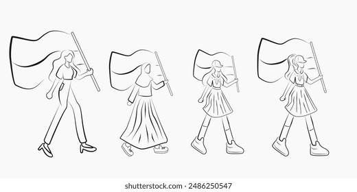 sketch of girl with flag in her hand isolated white background