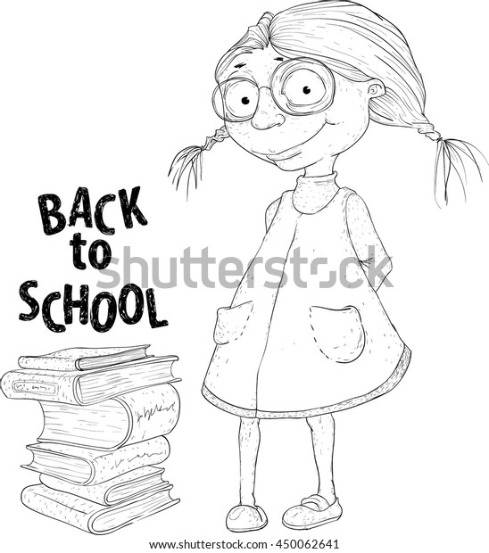 Sketch Girl Glasses Books Return School Stock Image