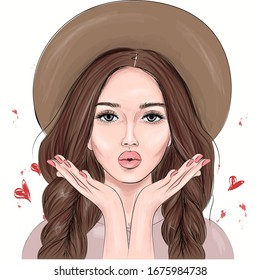 A sketch of a girl in a hat. Fashion illustration. Air kiss