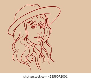 Sketch of girl in hat vector for card, decoration, illustration