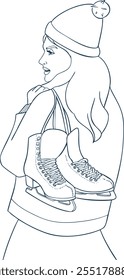 Sketch of a girl holding her skates by the laces over her shoulder. Black and white sketch. Vector illustration.