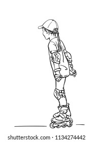 Sketch of girl learning to skate on rollers, Hand drawn vector linear illustration isolated on white background