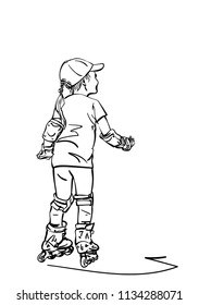 Sketch of girl learning to skate on rollers, Hand drawn vector linear illustration isolated on white background