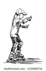 Sketch of girl learning to skate on rollers, Hand drawn vector illustration isolated on white background