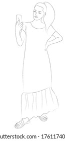 A sketch of a girl in a long dress and sandals with a phone in her hand