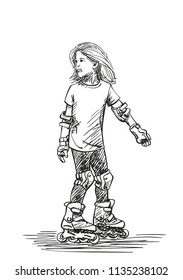 Sketch of girl with long hair learning to skate on rollers, Hand drawn vector illustration isolated on white background