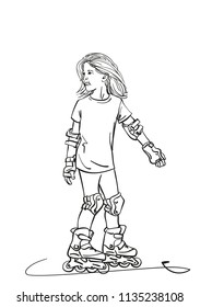 Sketch of girl with long hair learning to skate on rollers, Hand drawn vector linear illustration isolated on white background