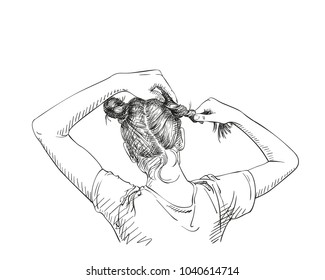 Sketch of girl making two buns hairstyle, pulling hair with hands, view from back, Hand drawn vector illustration