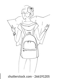Sketch girl with map, vector