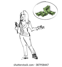 Sketch of girl with the money stack. Idea, start up, funding, benefits, investment business conception.