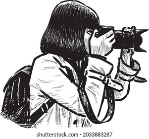 Sketch of girl photographer shooting on her camera