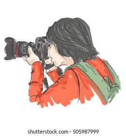 sketch of a girl photographer take photo, free hand drawing, vector illustration